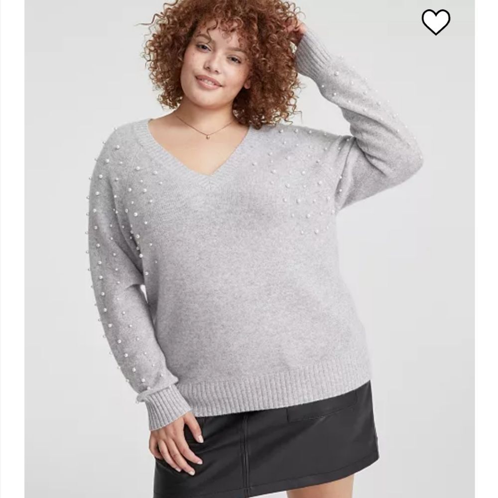 Charter Club Cashmere Bead Faux Pearl Embellished V-Neck Long Sleeve Sweater 2X